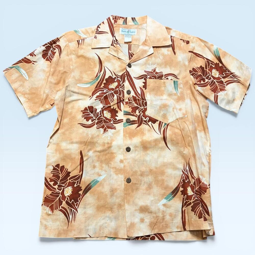 Hukilau Fashions Shirt Mens Large Beige Floral Hawaiian Button Front Casual